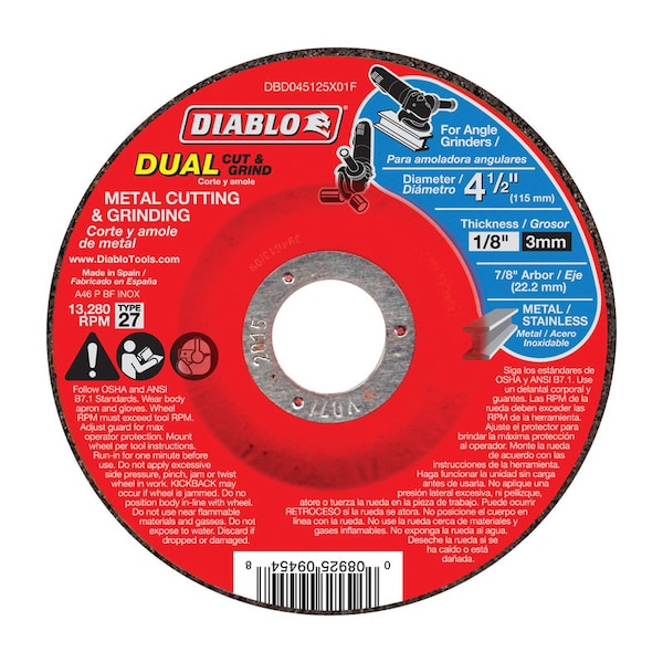 Diablo Diablo 4-1/2 in. D X 7/8 in. Aluminum Oxide Metal Dual Cut and Grind Disc 1 pk DBD045125X01F - main